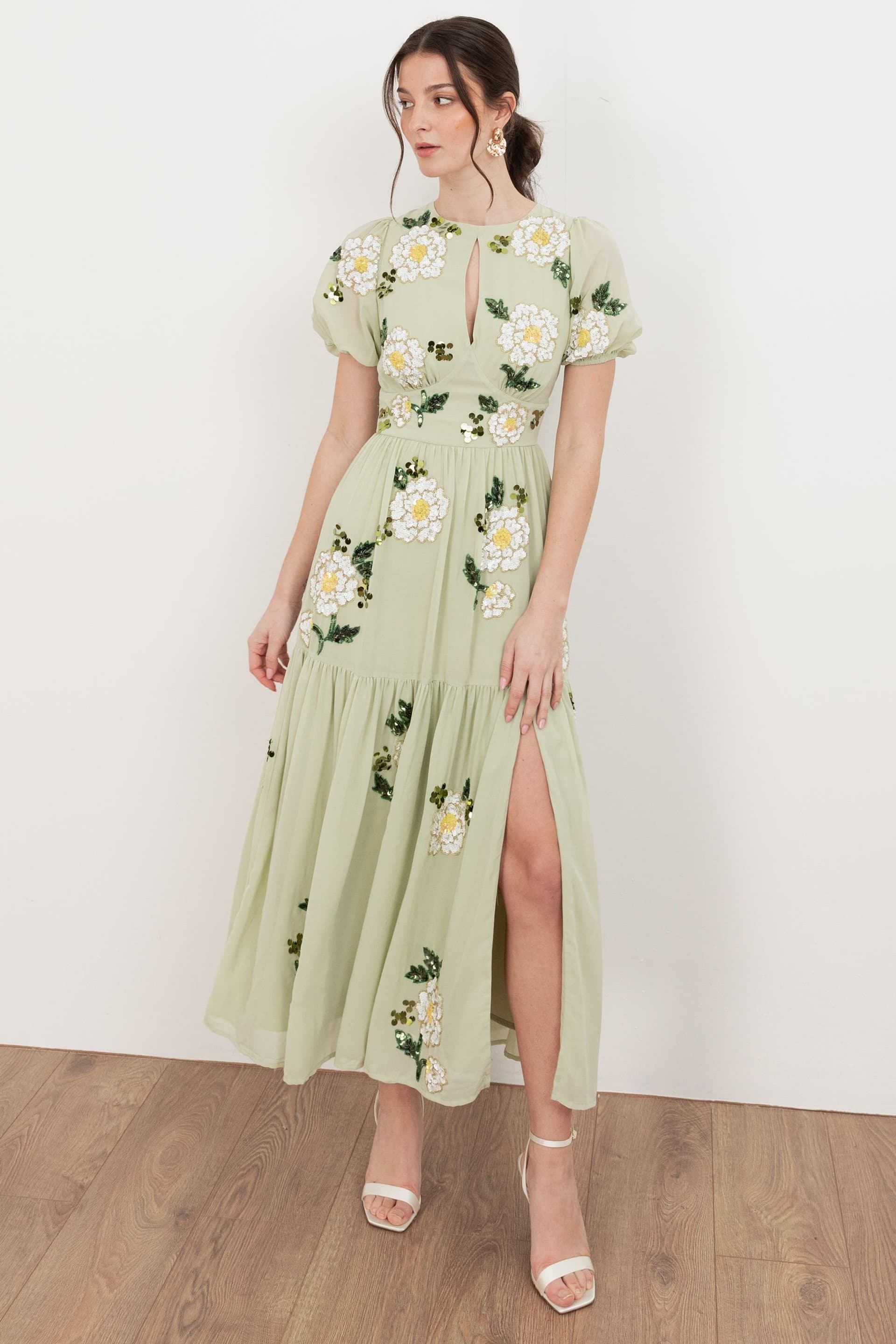 Maya Deluxe Maya Deluxe Women's Floral Embellished Short Sleeve Tiered Midaxi Dress in Light Green