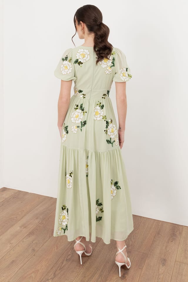 Maya Deluxe Maya Deluxe Women's Floral Embellished Short Sleeve Tiered Midaxi Dress in Light Green - 2