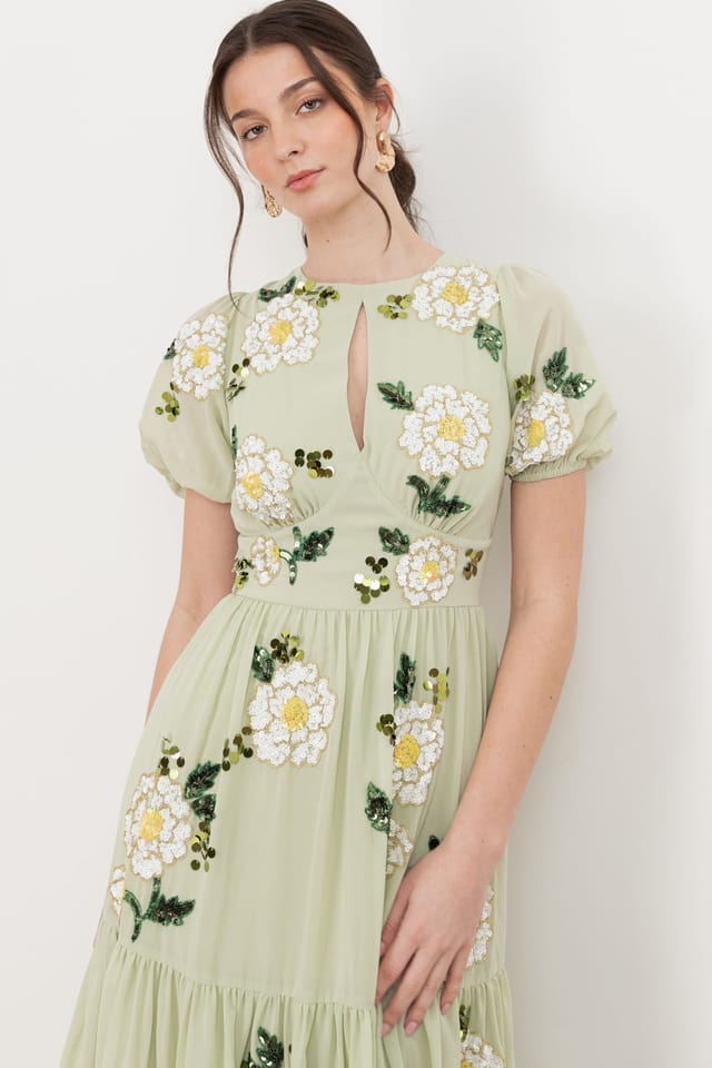 Maya Deluxe Maya Deluxe Women's Floral Embellished Short Sleeve Tiered Midaxi Dress in Light Green - 3