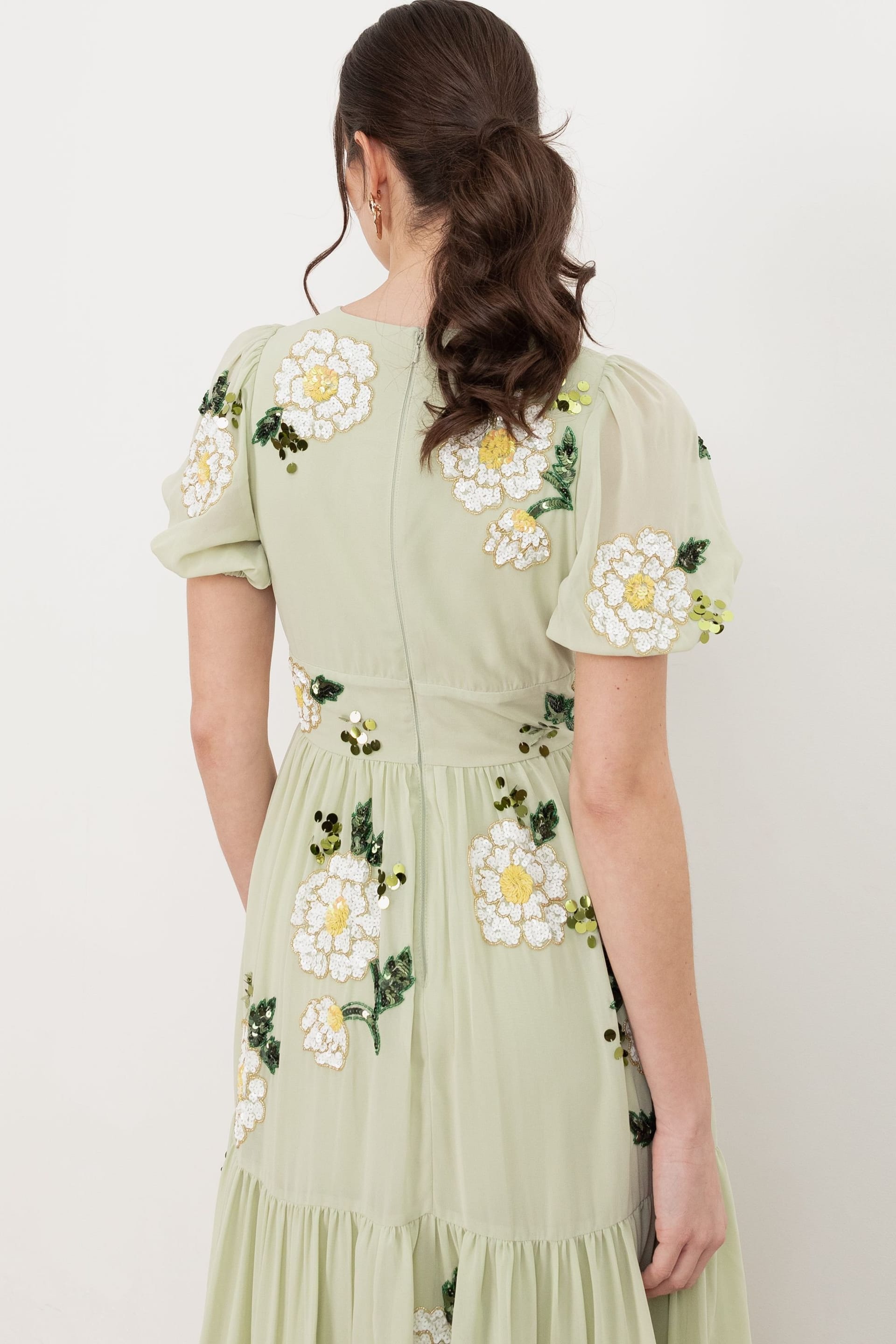 Maya Deluxe Maya Deluxe Women's Floral Embellished Short Sleeve Tiered Midaxi Dress in Light Green - 4