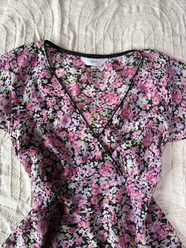 Next Vintage next pink rose floral wrap v neck floaty blouse top