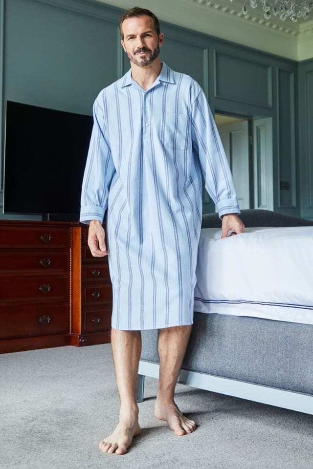 British Boxers British Boxers Men's "Brighton Blue" Stripe Brushed Cotton Nightshirt in Light Blue - 2