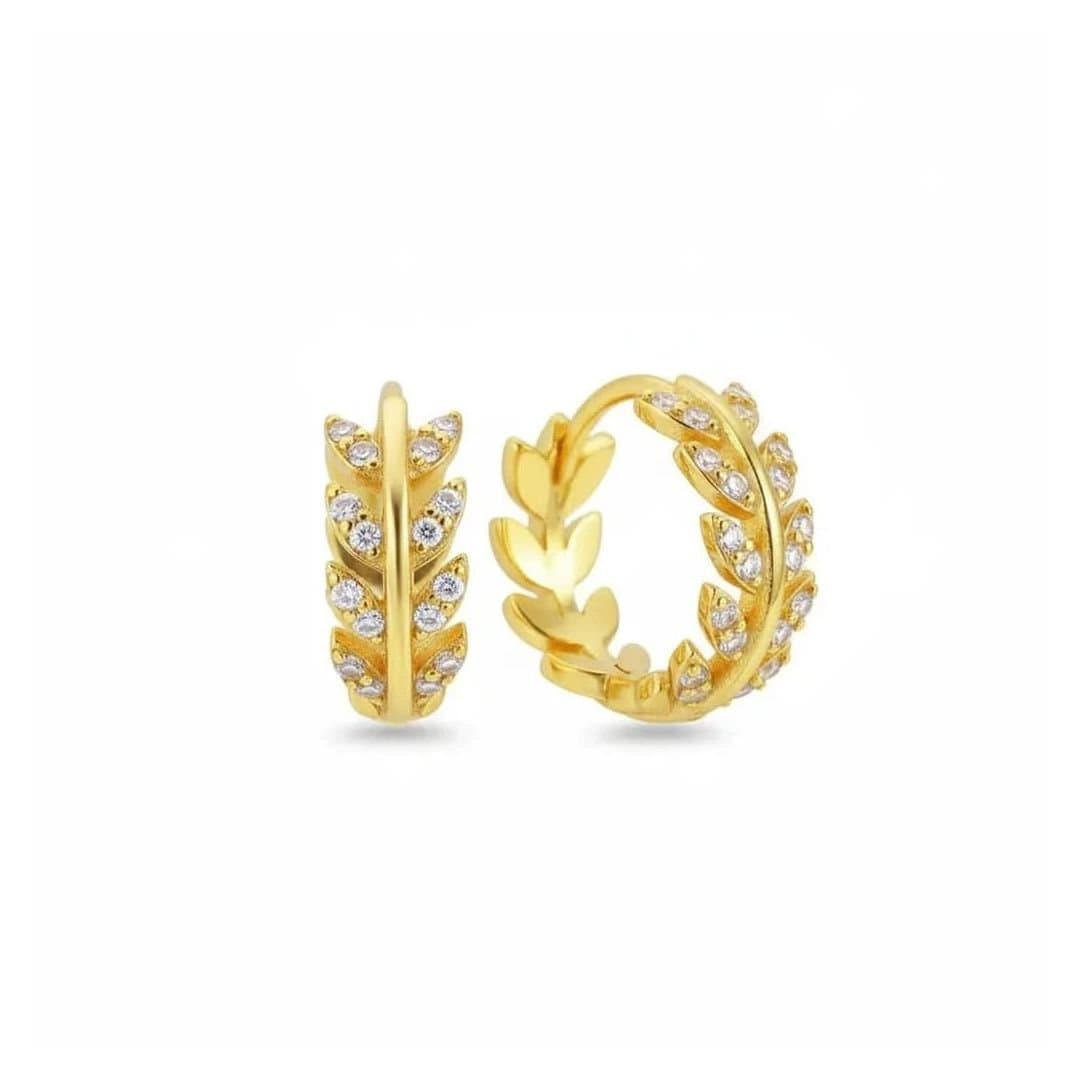 Angel Barocco Angel Barocco Women's Sterling Silver Leaf Cubic Zirconia Hoop Earrings in Gold