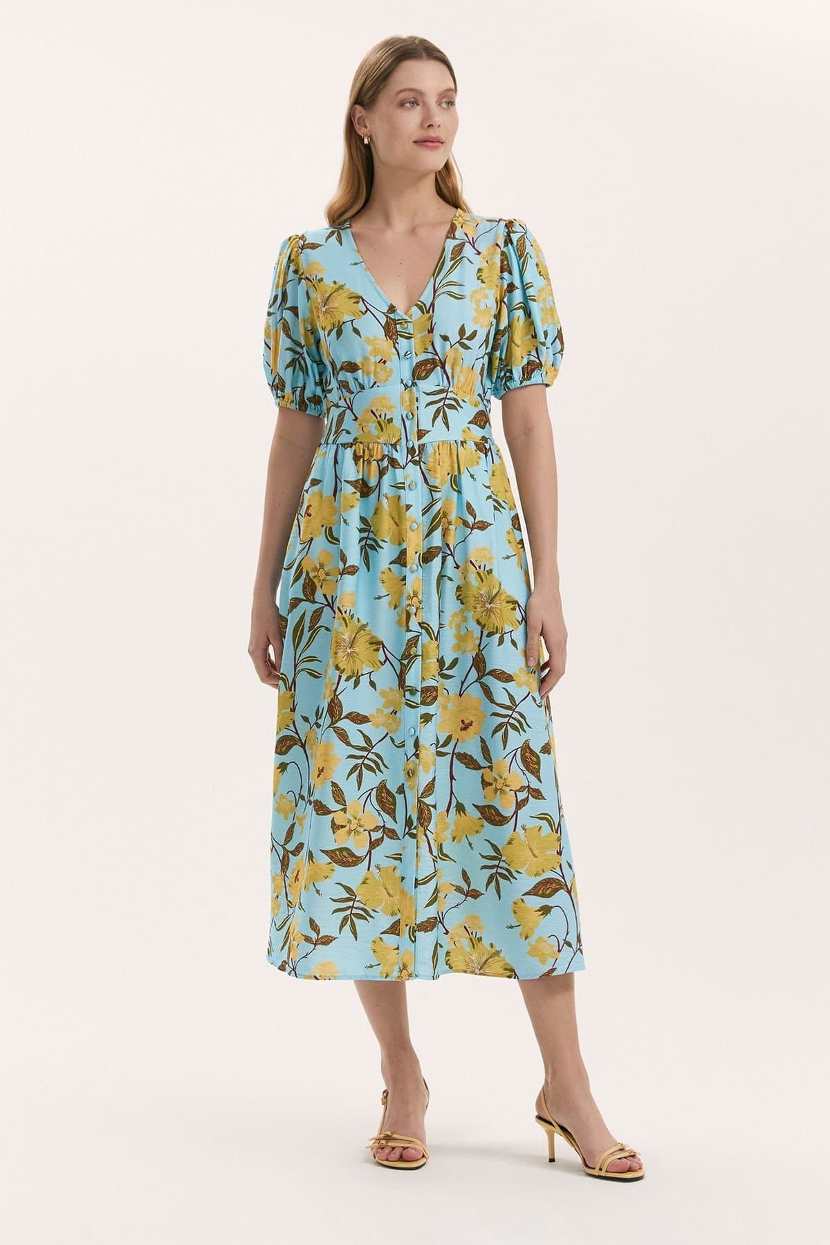 Finery London Finery London Women's Addison Floral Crepe Midi Dress in Aqua