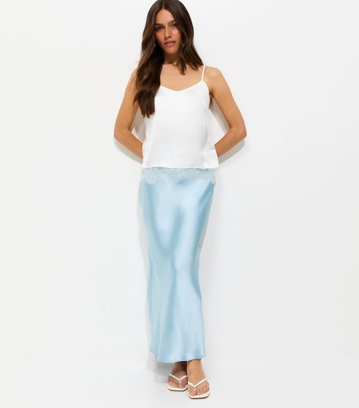 New Look Women's Petite Light Blue Satin Bias Cut Midi Skirt New Look
