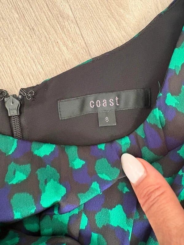 Coast Coast Ruched Leopard Print Bodycon Midi Dress UK 8 Green Purple Occasion Party Wedding Guest