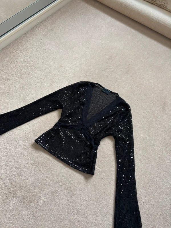 ASOS Design sequin plunge neck lace trim top