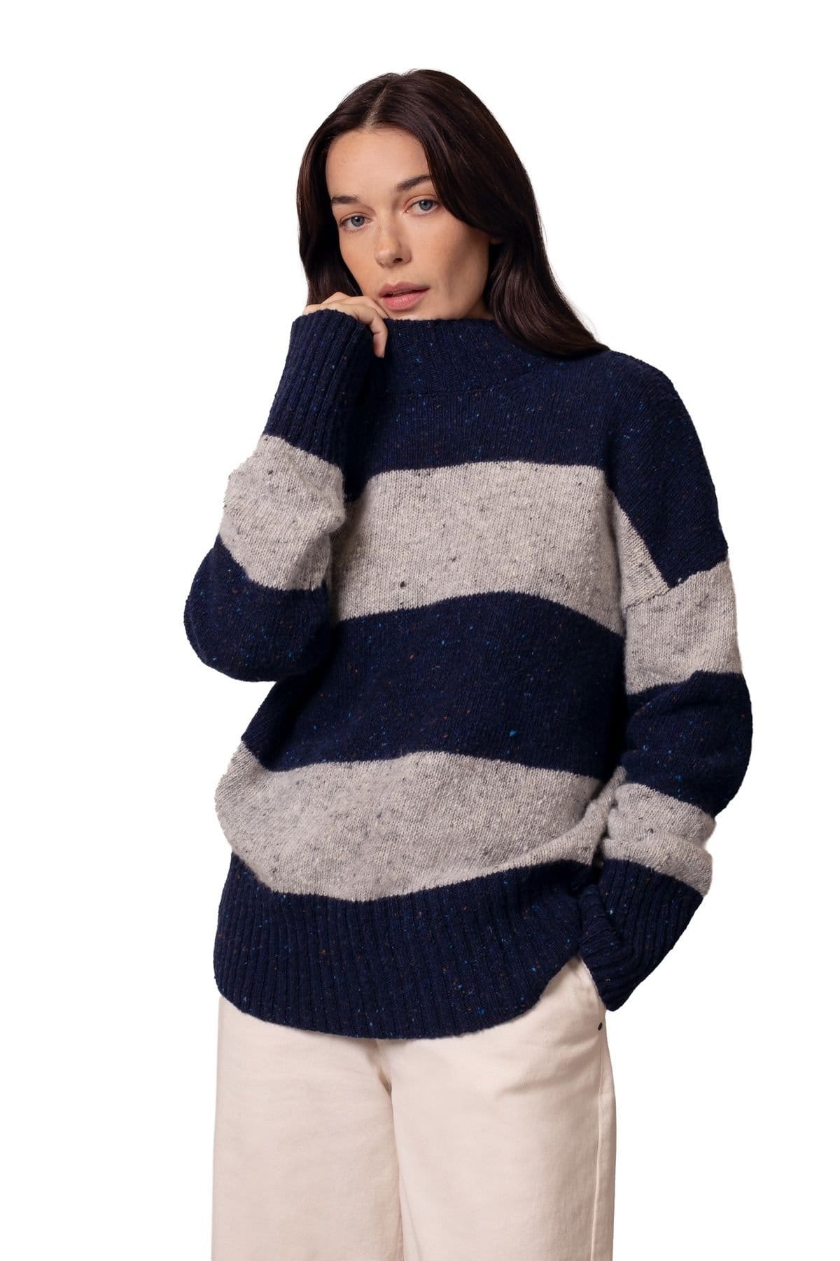 Celtic & Co Mid Navy Donegal Colourblock Funnel Neck Sweater