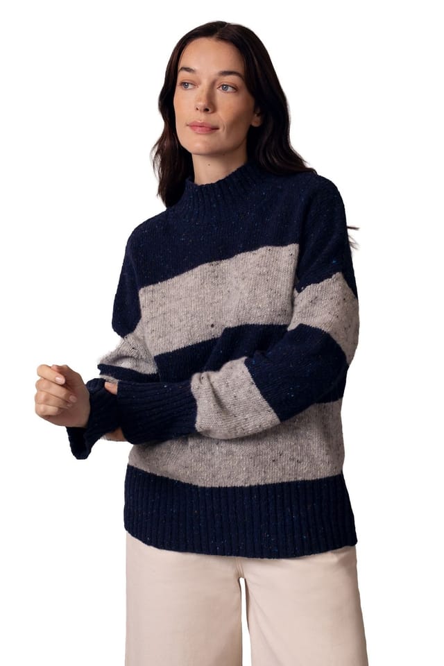 Celtic & Co Celtic & Co Women's Donegal Colourblock Funnel Neck Sweater in Mid Navy - 3