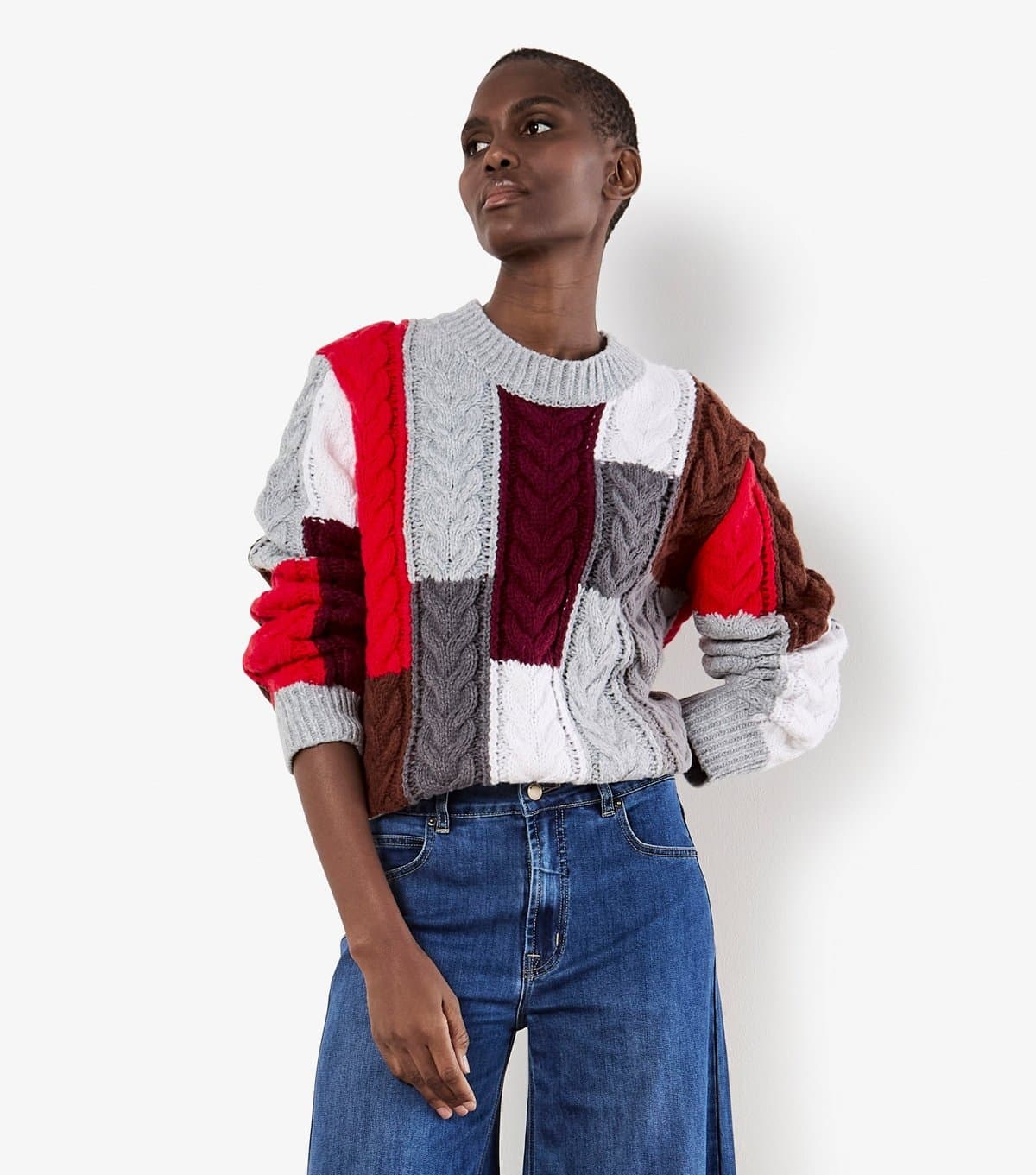 Apricot Women's Grey Cable Colour Block Chunky Knit Jumper Apricot New Look