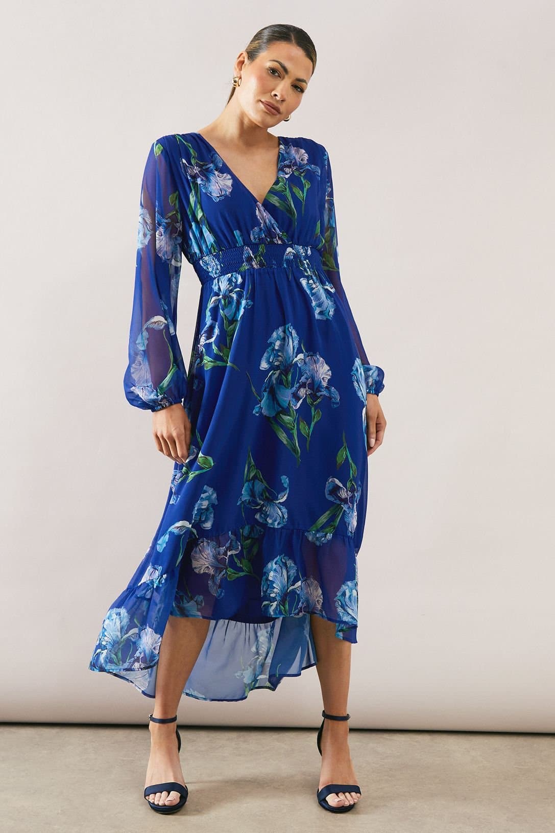 Wallis Wallis Women's Floral Elasticated Waist Chiffon Midi Dress in Blue