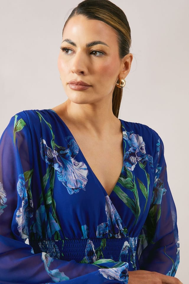 Wallis Wallis Women's Floral Elasticated Waist Chiffon Midi Dress in Blue - 2