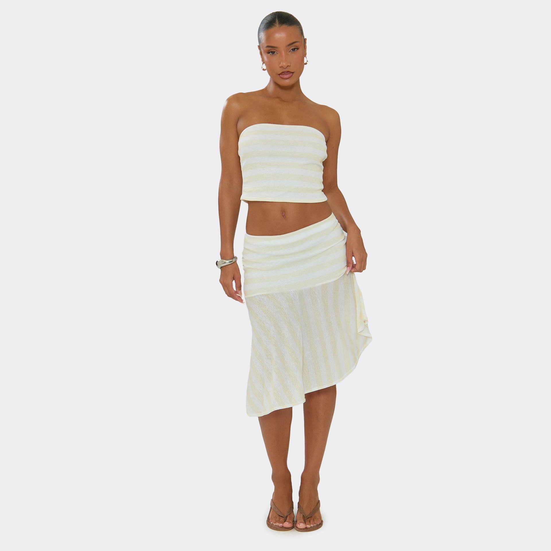 EGO Mid Rise Flute Hem Asymmetric Mini Skirt In Lemon Stripe, Women's Size UK 6