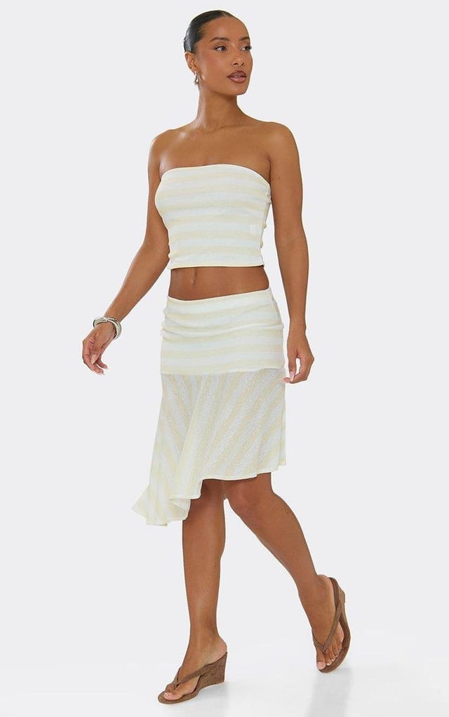 EGO Mid Rise Flute Hem Asymmetric Mini Skirt In Lemon Stripe, Women's Size UK 6 - 2
