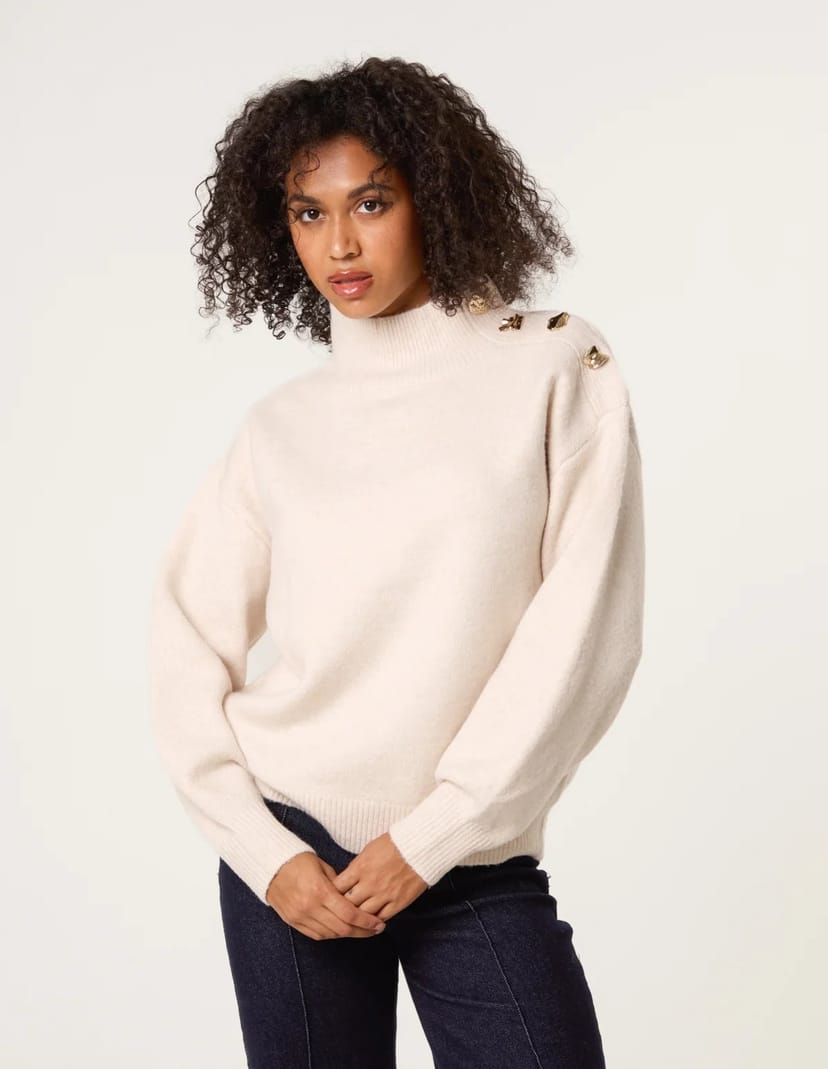 Blue Vanilla Turtle Neck Shoulder Brooch Detailed Jumper - 1