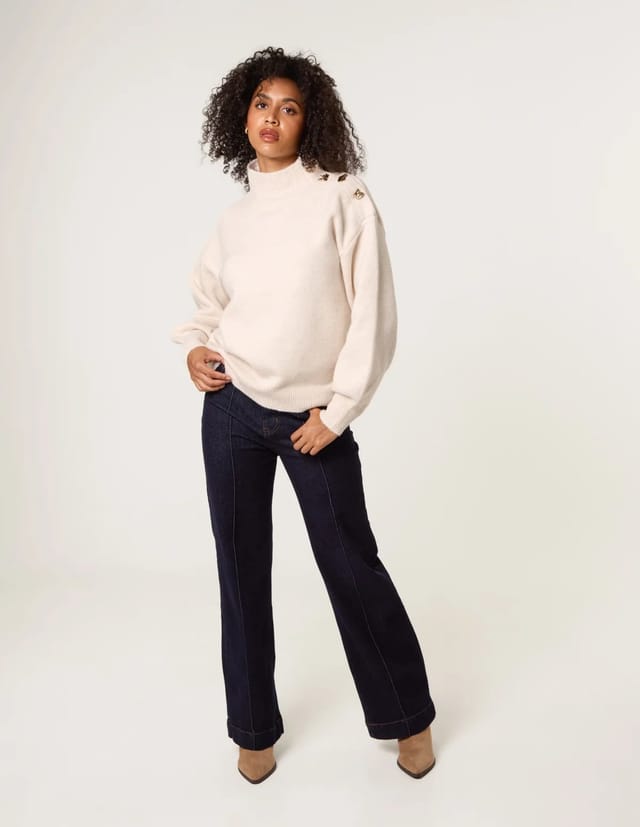 Blue Vanilla Turtle Neck Shoulder Brooch Detailed Jumper - 3