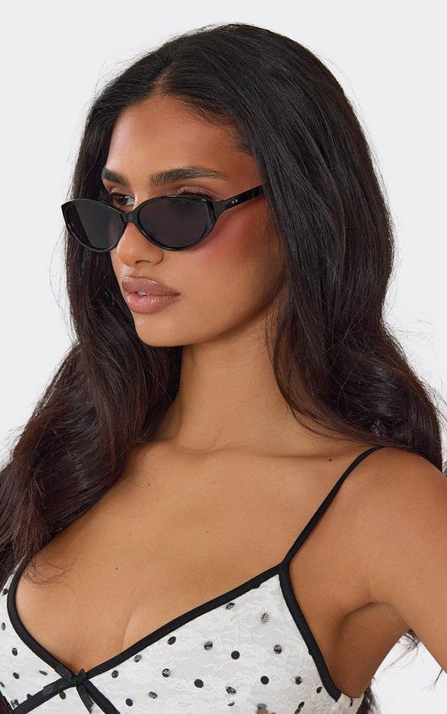 EGO Thin Frame Tinted Lense Oval Shaped Sunglasses In Black, Women's Size UK 0 - 2