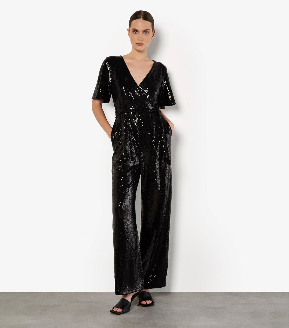 Apricot Women's Black Flat Sequin Angel Sleeve Jumpsuit Apricot New Look