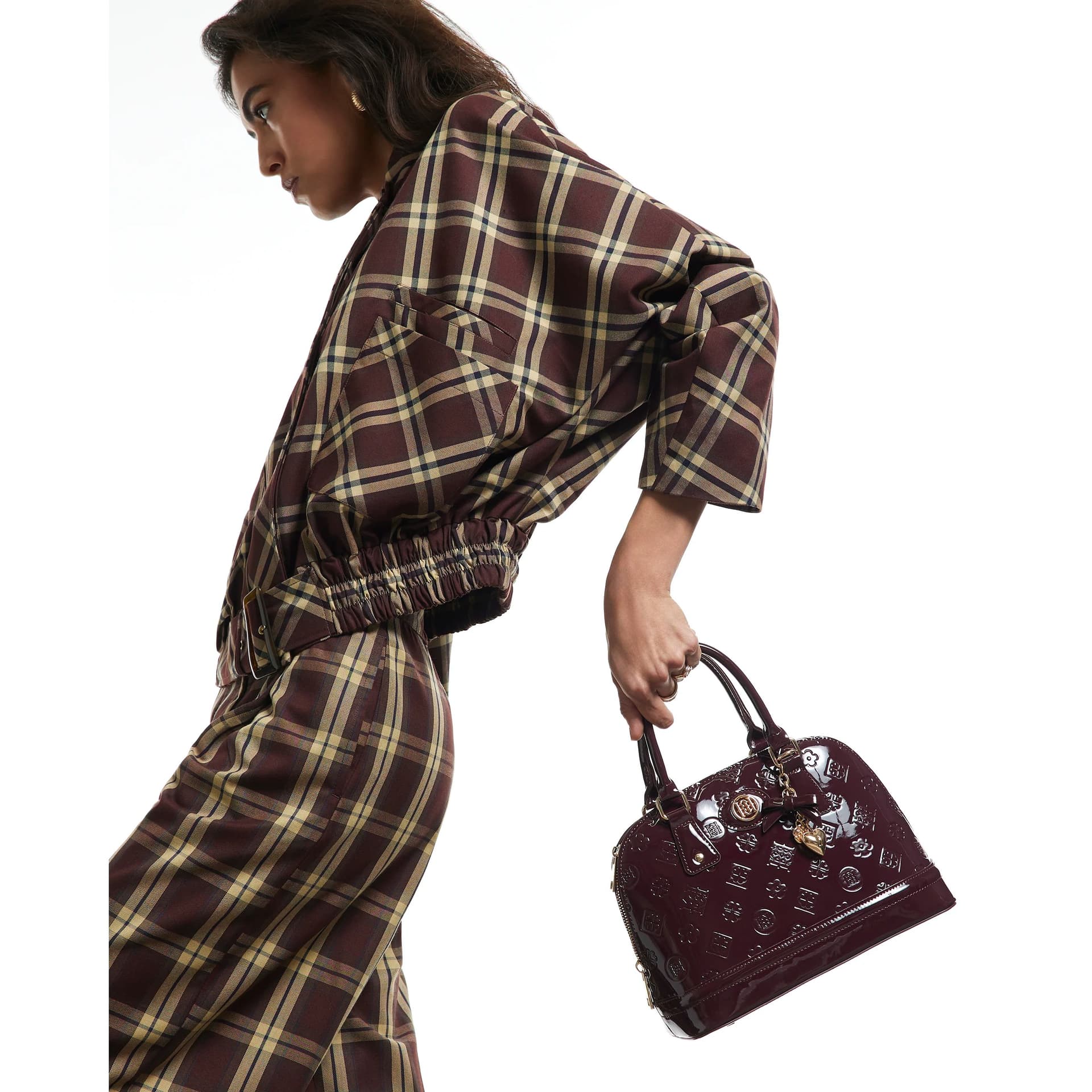 River Island River Island Womens Burgundy Monogram Patent Crossbody Bag