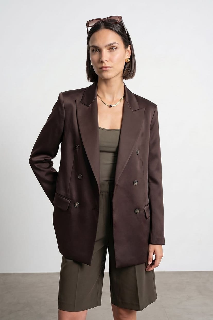 Dilvin Dilvin Women's Long Satin Shawl-Collar Blazer in Dark Brown - 1
