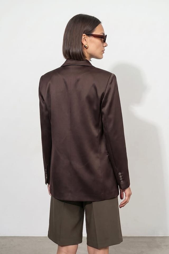 Dilvin Dilvin Women's Long Satin Shawl-Collar Blazer in Dark Brown - 2