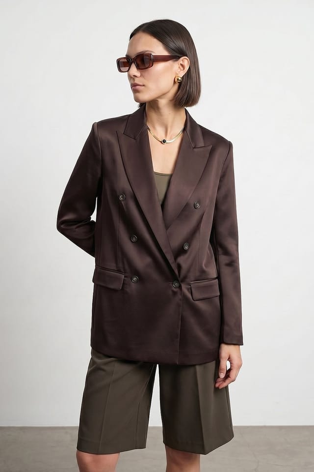 Dilvin Dilvin Women's Long Satin Shawl-Collar Blazer in Dark Brown - 3