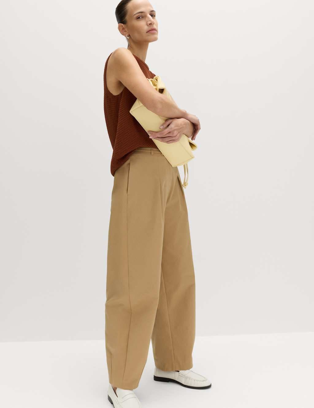 Marks & Spencer M&S Cotton Rich Belted Barrel Leg Trousers Camel