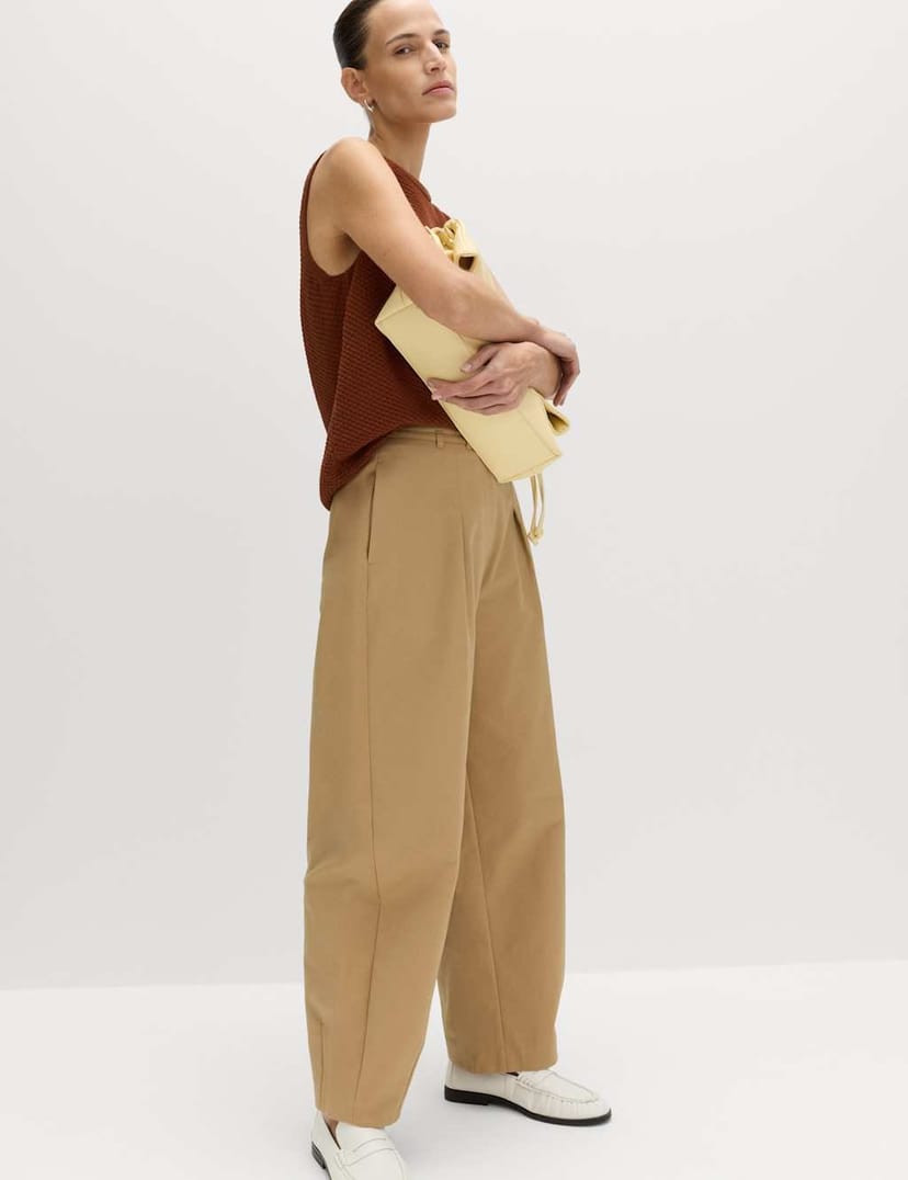 Marks & Spencer M&S Cotton Rich Belted Barrel Leg Trousers Camel - 1