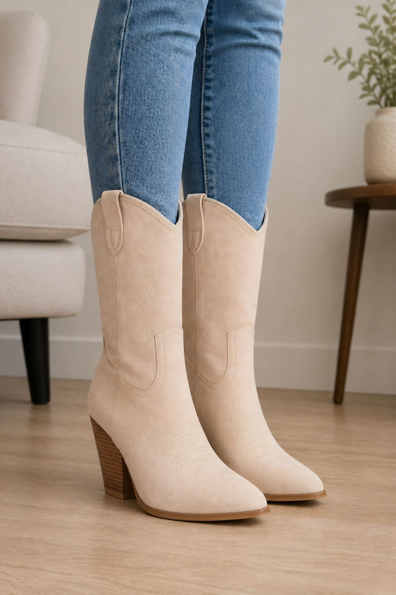 Truffle Collection Truffle Collection Women's Calf Boots Zip Microfibre Pointed Toe Block Heel Shoes in Beige