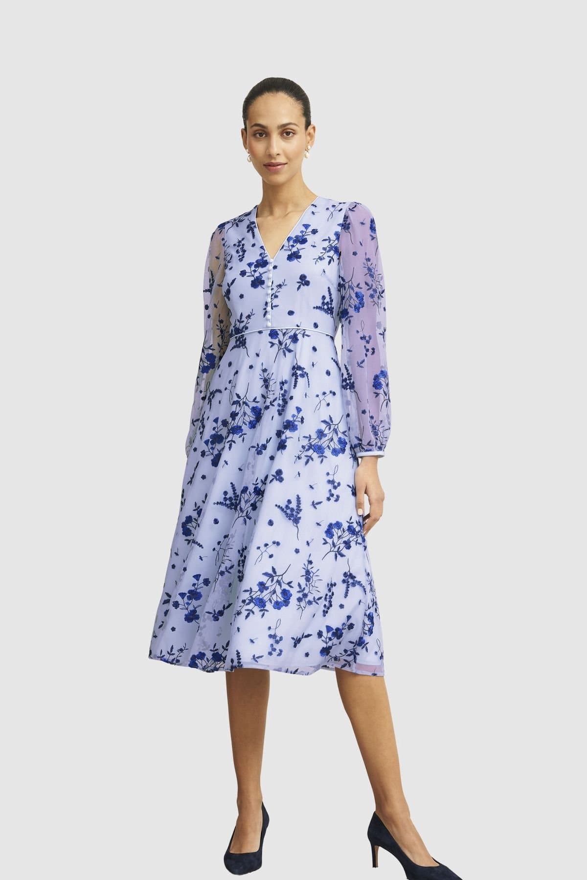 Hobbs London Hobbs London Women's Ella Long Sleeve Embroidered Midi Dress in Mid Navy