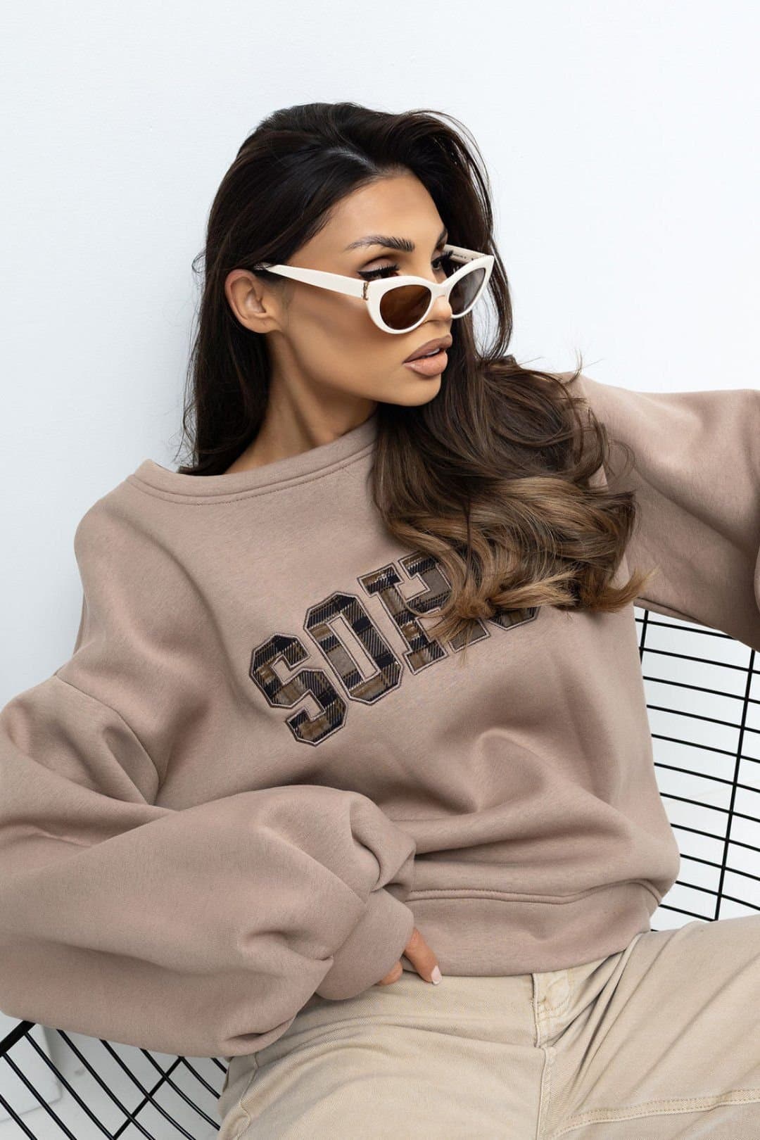 Love Lace Love Lace Women's Embroidered Piped Back Sweatshirt in Beige