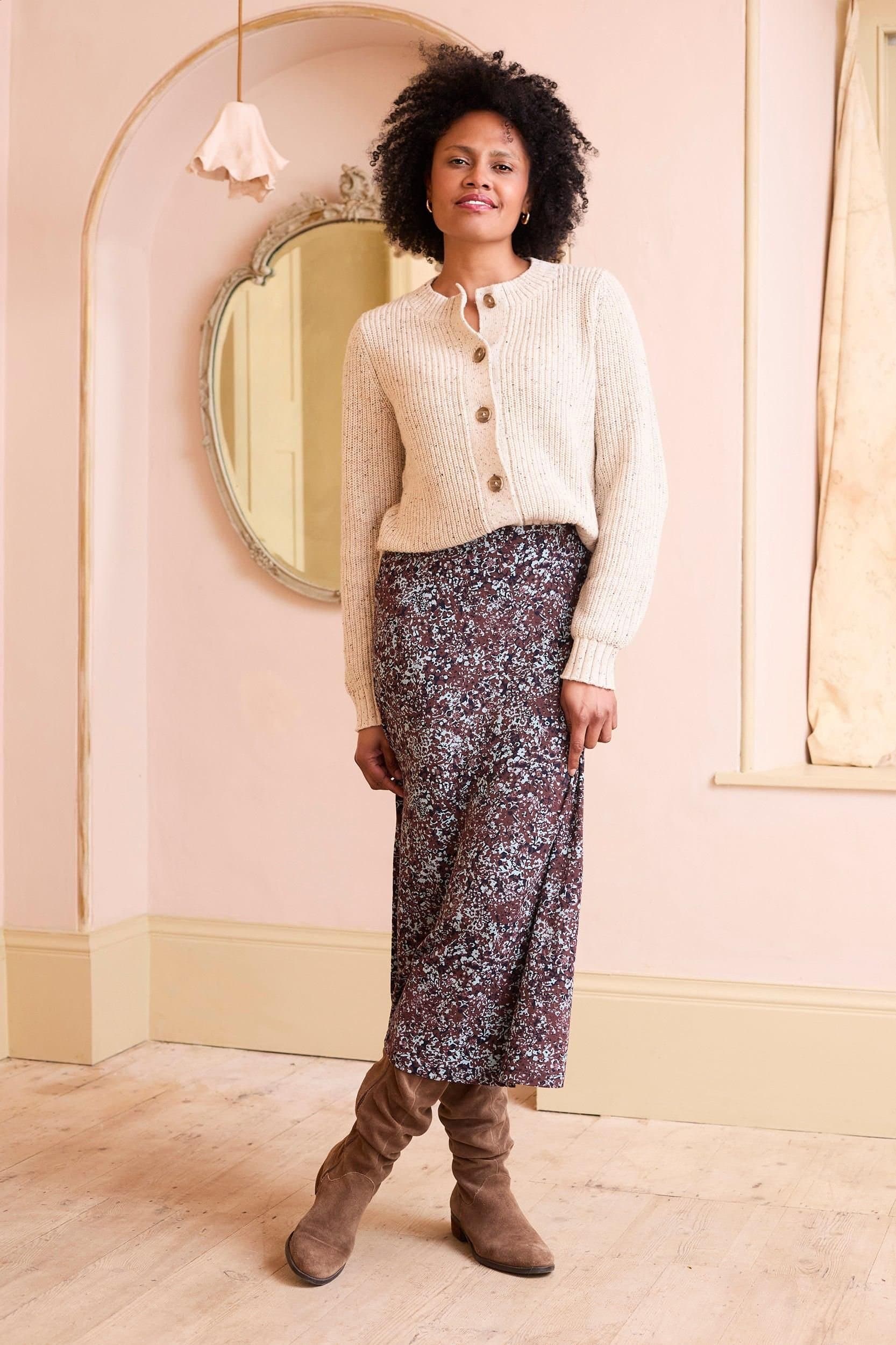 Lily & Me Lily & Me Chocolate Floral Midi Skirt with Elasticated Waist