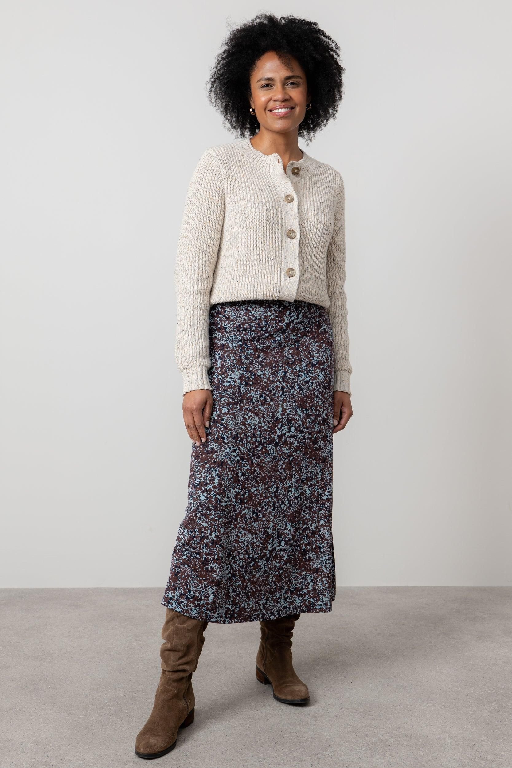 Lily & Me Lily & Me Women's Lauren Floral print Jersey Midi Skirt with Elasticated back waist in Chocolate - 3