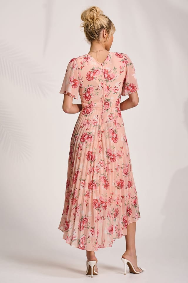 Jolie Moi Jolie Moi Women's Printed Chiffon Pleated Maxi Dress in Coral - 2