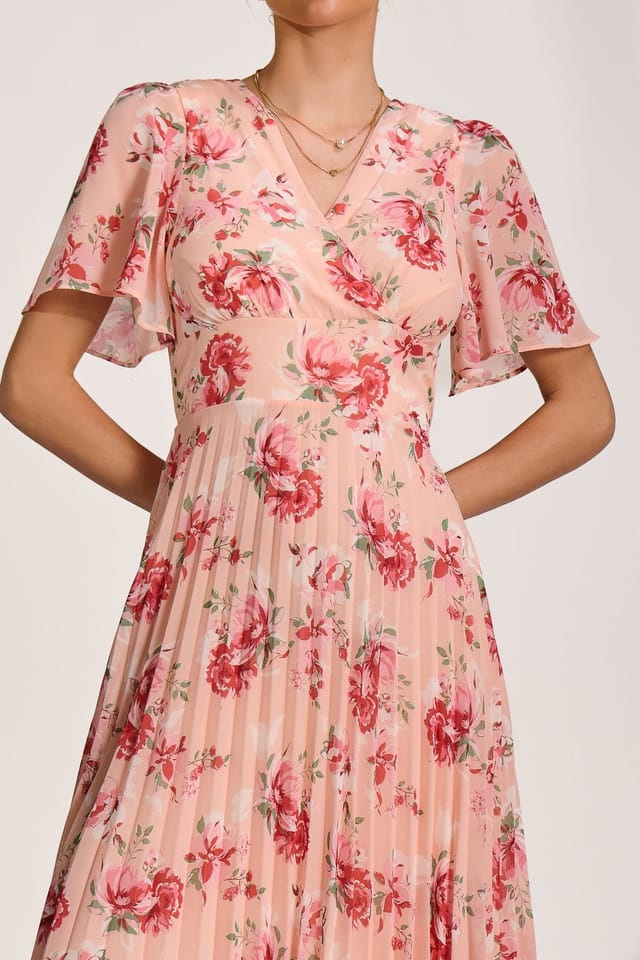 Jolie Moi Jolie Moi Women's Printed Chiffon Pleated Maxi Dress in Coral - 3