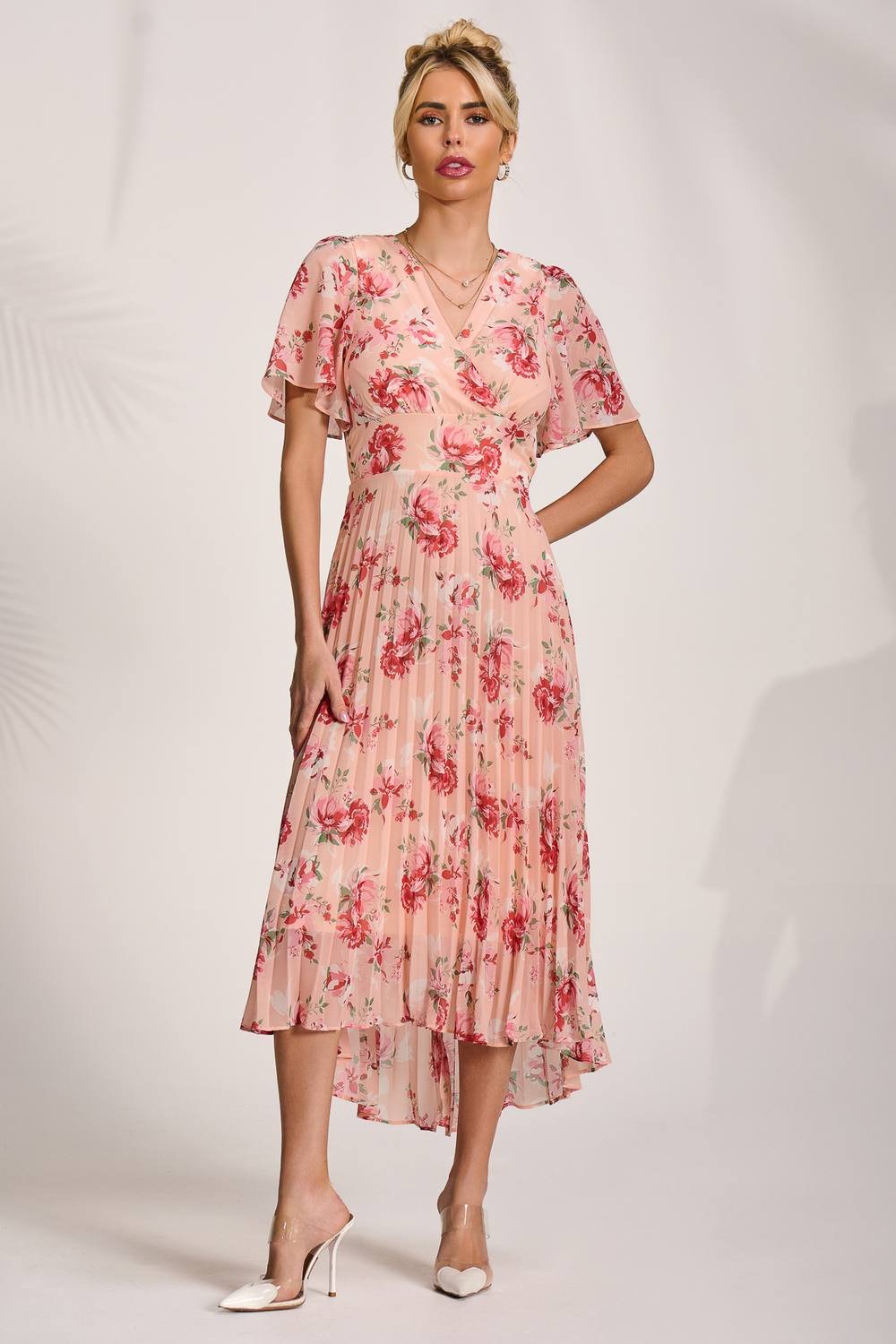 Jolie Moi Jolie Moi Women's Printed Chiffon Pleated Maxi Dress in Coral - 4