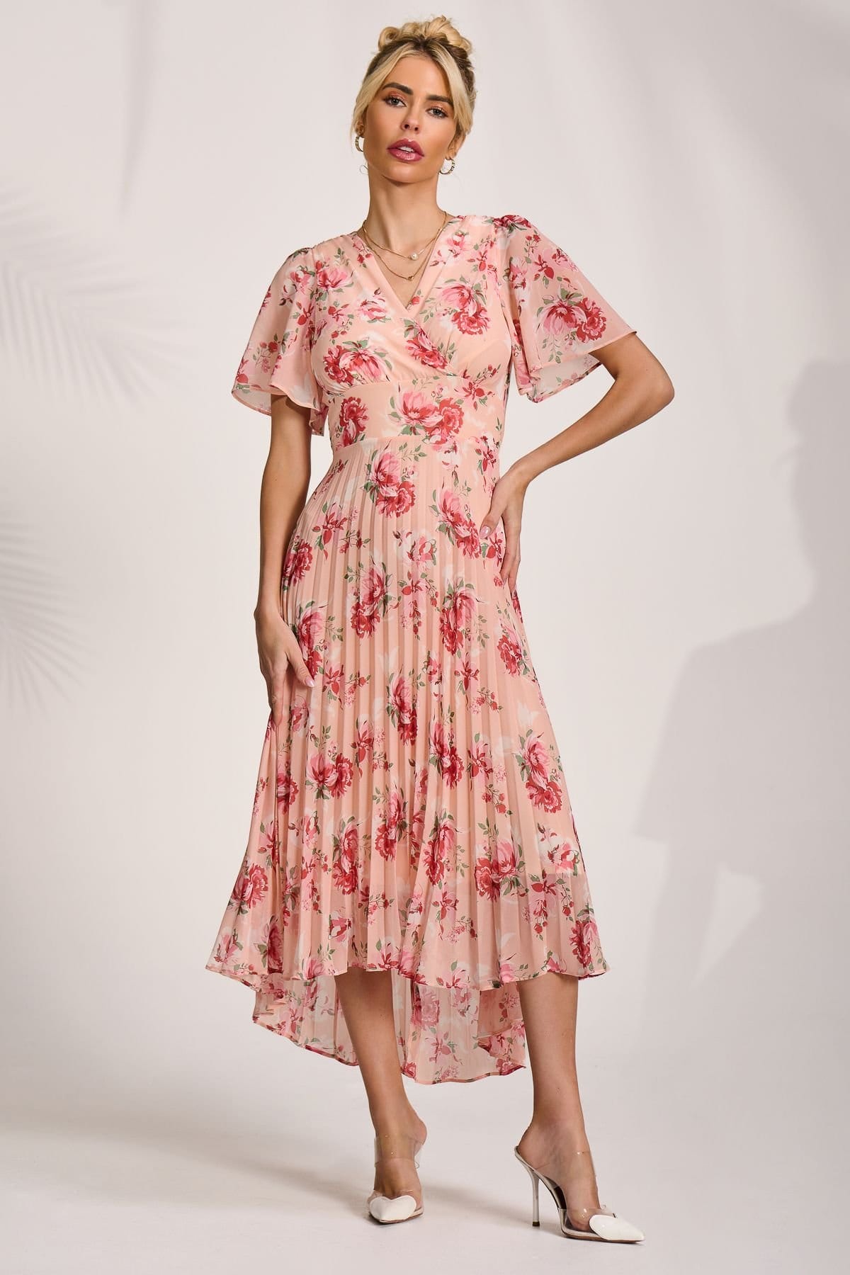Jolie Moi Jolie Moi Women's Printed Chiffon Pleated Maxi Dress in Coral - 4