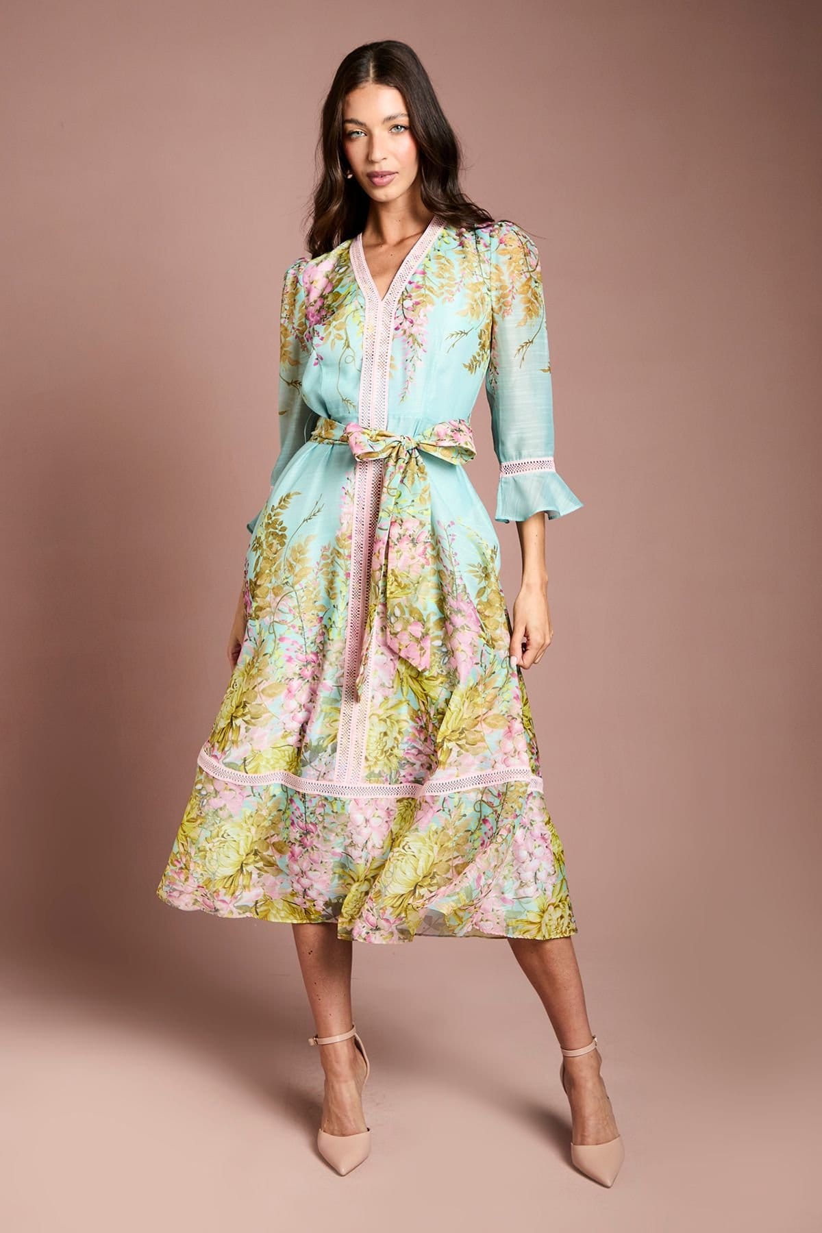 Coast Coast Women's Lace Trim Placement Print 3/4 Sleeve Midi Dress in Duck Egg - 1