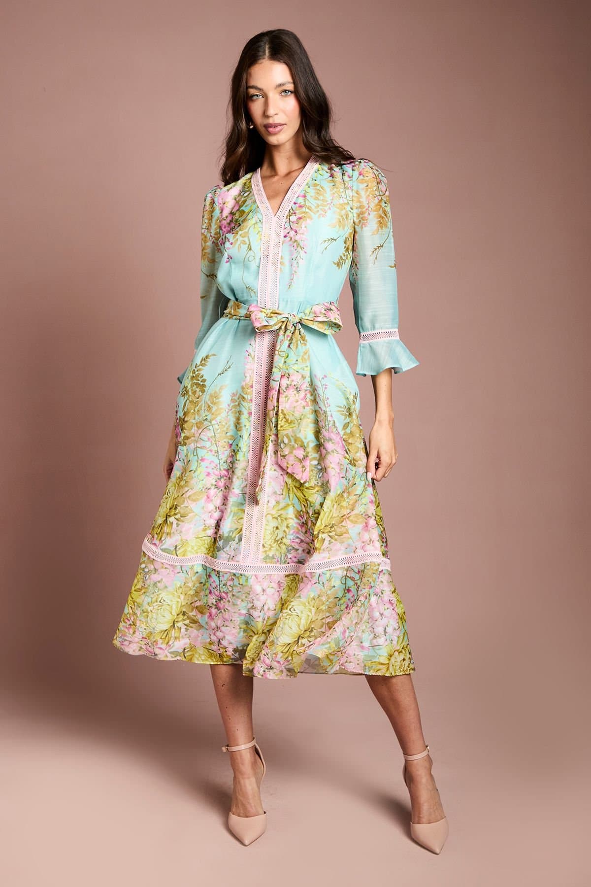 Coast Coast Women's Lace Trim Placement Print 3/4 Sleeve Midi Dress in Duck Egg