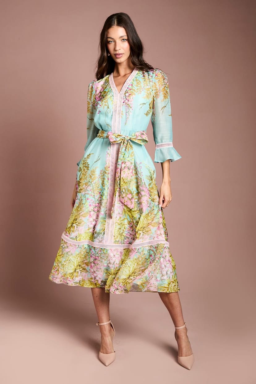 Coast Coast Women's Lace Trim Placement Print 3/4 Sleeve Midi Dress in Duck Egg - 1