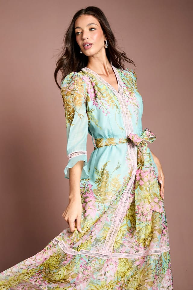 Coast Coast Women's Lace Trim Placement Print 3/4 Sleeve Midi Dress in Duck Egg - 2