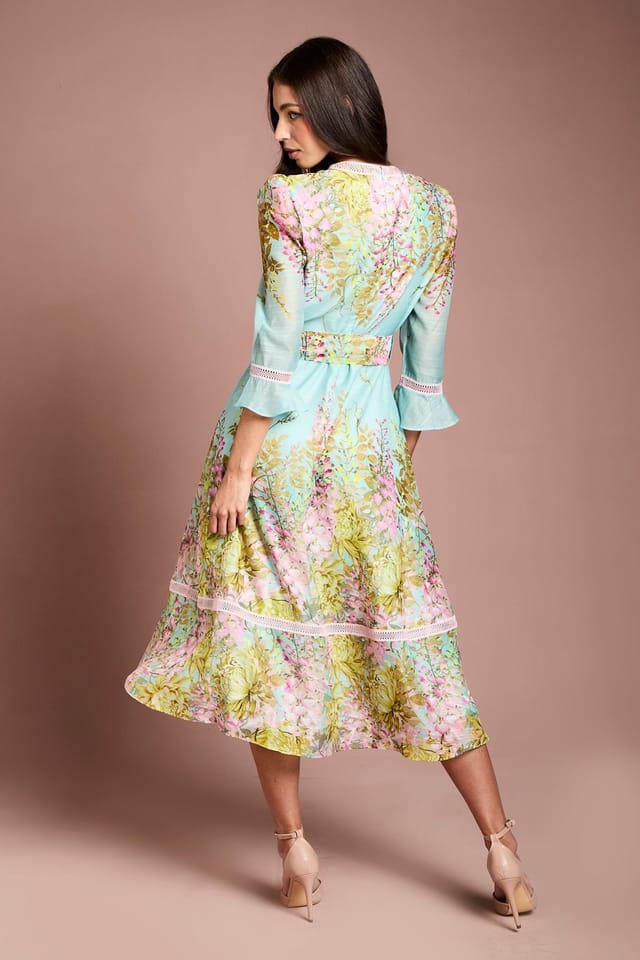 Coast Coast Women's Lace Trim Placement Print 3/4 Sleeve Midi Dress in Duck Egg - 3