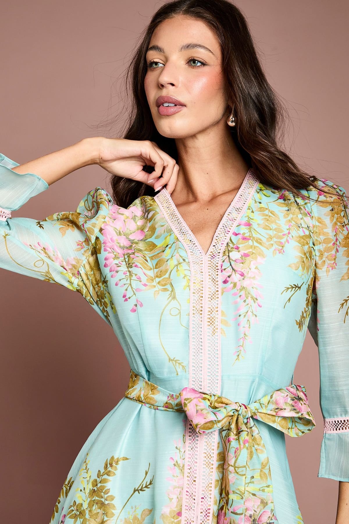 Coast Coast Women's Lace Trim Placement Print 3/4 Sleeve Midi Dress in Duck Egg - 4