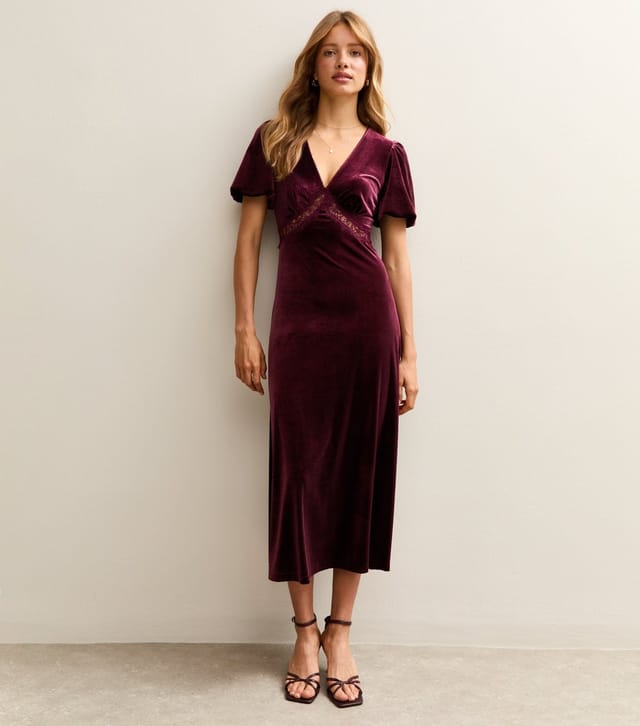 New Look Women's Burgundy Velvet Lace Insert Midi Dress New Look - 2