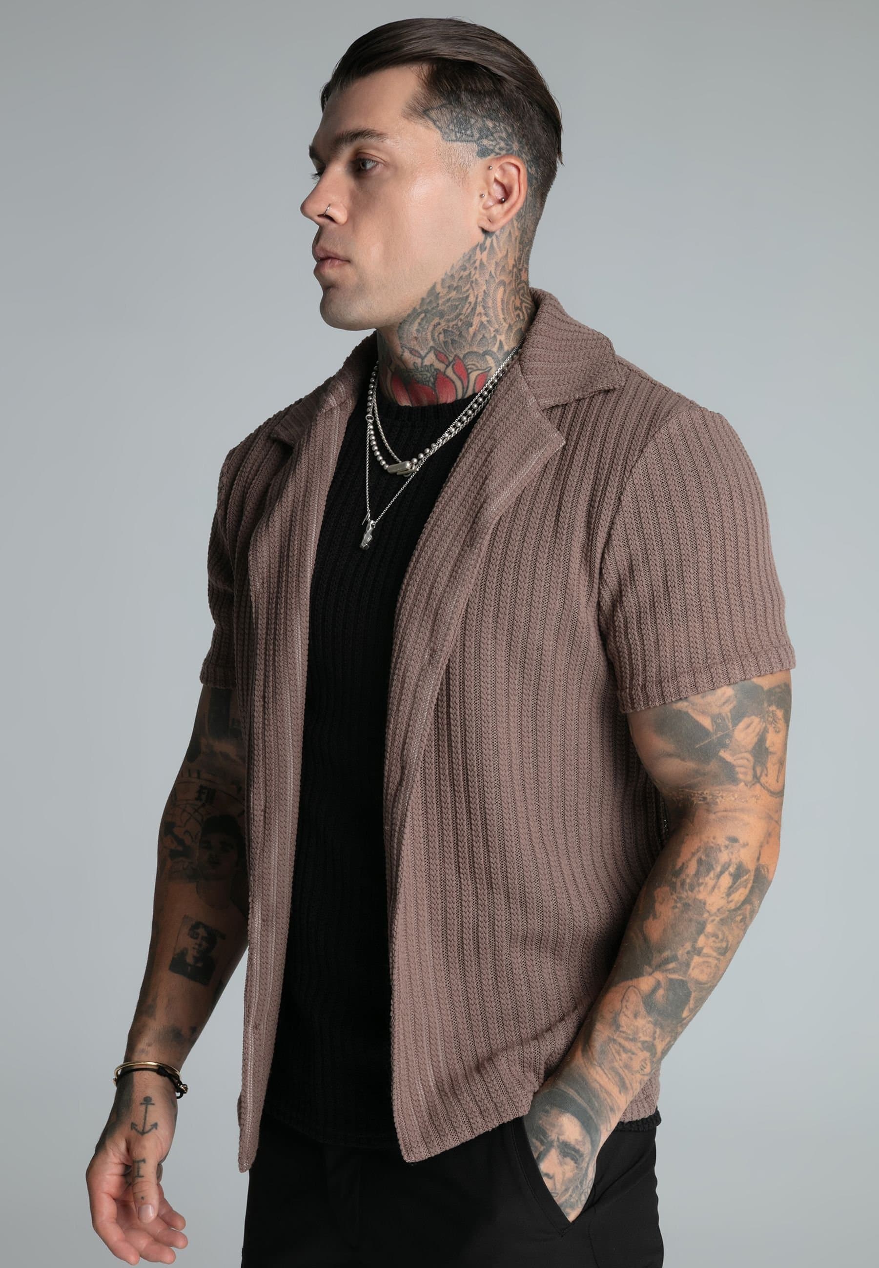 SikSilk SikSilk Men's Brown Textured Resort Shirt