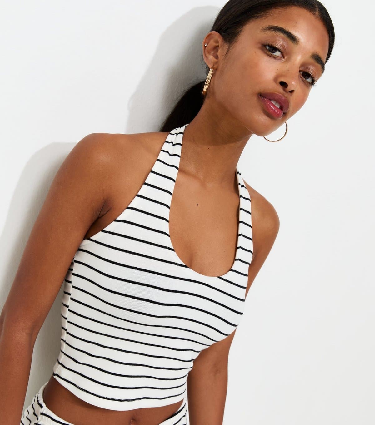 New Look Women's White Horizontal Stripe Jersey Halter Neck Vest Top New Look