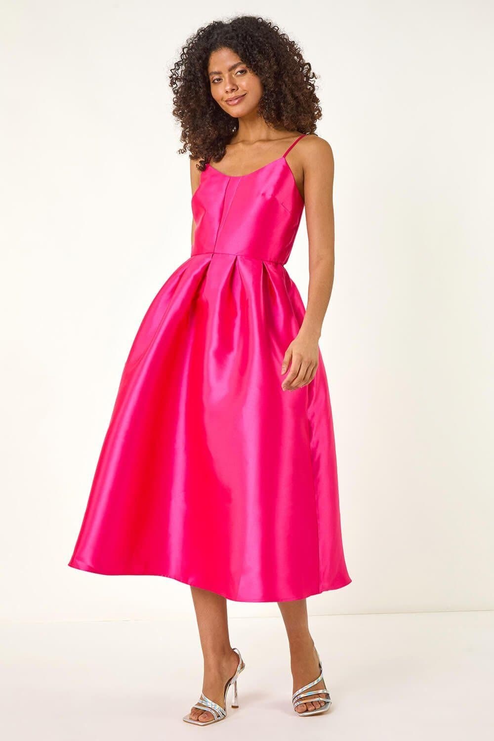 Dusk Dusk Women's Twill Cami Pleated Midi Dress in Pink