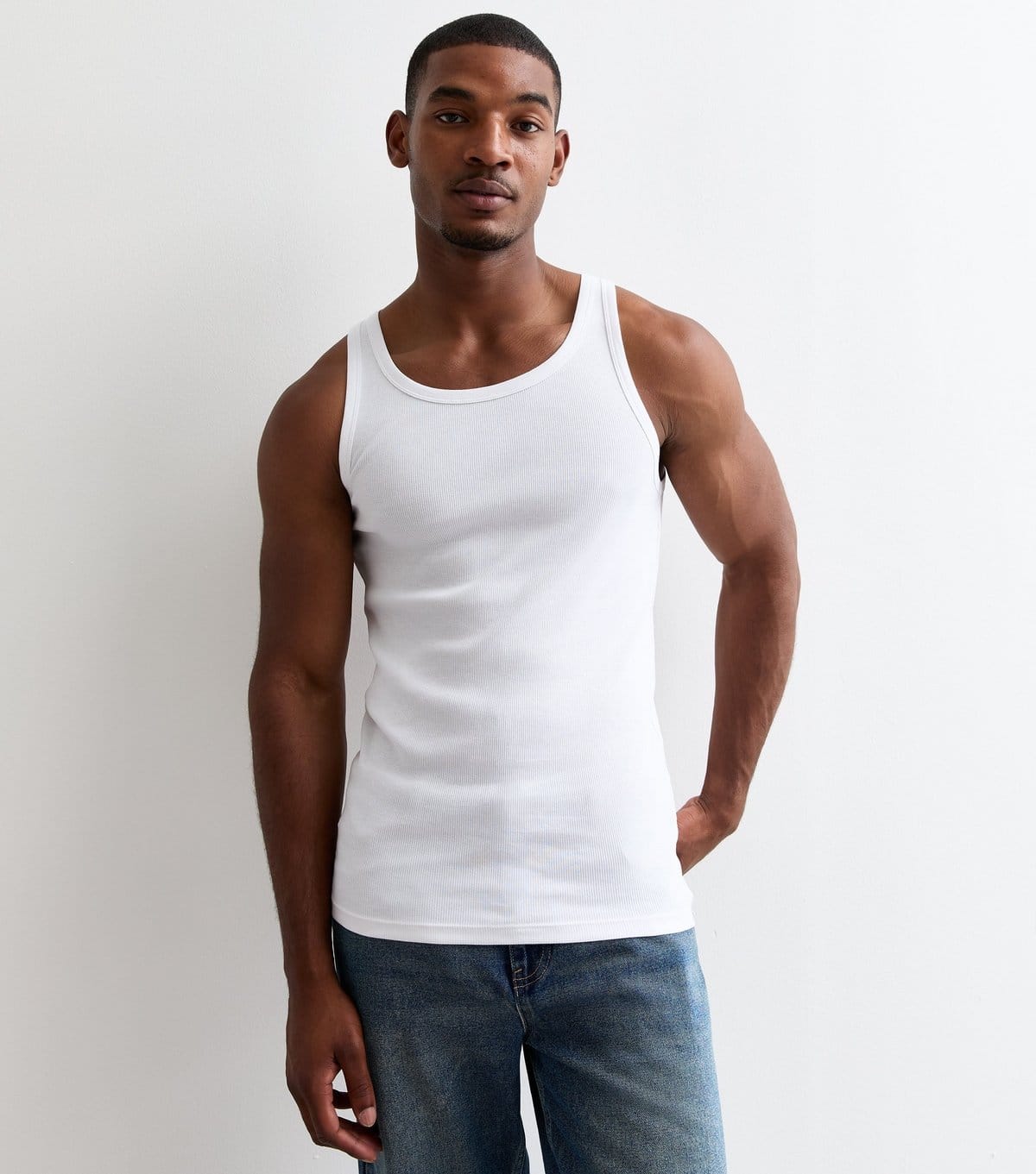 New Look Men's White Ribbed Jersey Muscle Fit Vest New Look - 1