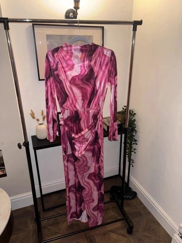 ASOS ASOS Long Sleeve Knot Tie Maxi Dress in Purple Swirl UK 6