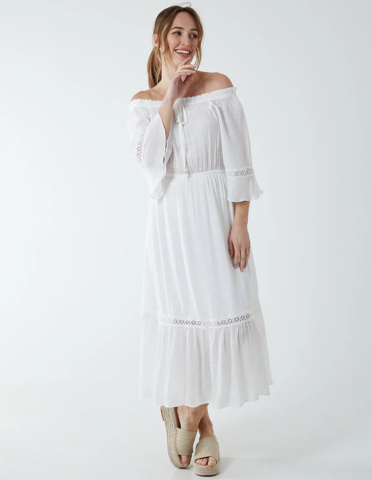 Blue Vanilla Off Shoulder Elasticated Lace Insert Midi Dress